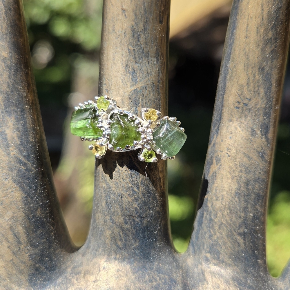 Tourmaline Natural Citrine & Peridot Sterling & White Gold Ring Sz7.5 - Picture 3 of 8